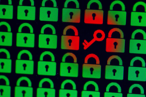 Key as a symbol of access or hacking of open personal information. Universal access password. Green pixel locks and a red key on a black background, close-up.