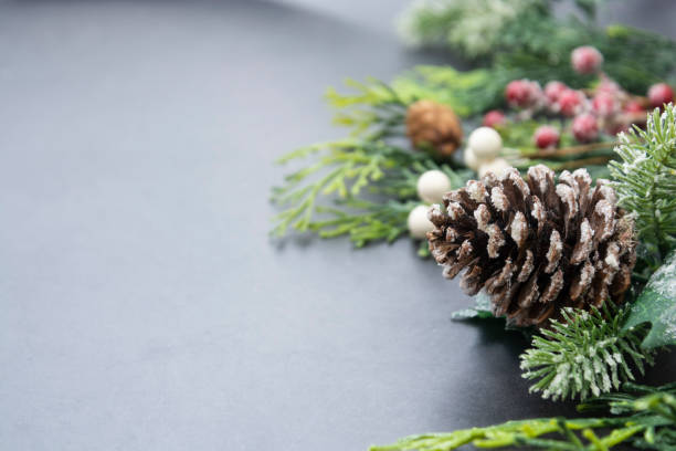 istock Christmas fir tree branches, winter background border over gray board, copy space. Winter greeting card, winter holidays. 1185299381