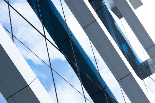 istock Closeup low angle view of modern office building, abstract background, copy space 1185299891