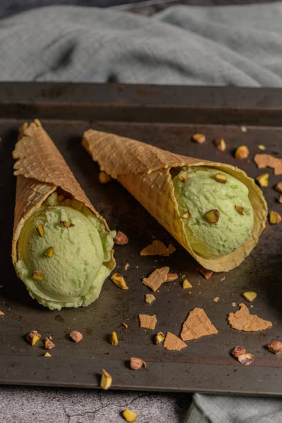 istock Pistachio ice cream in waffle cones 1185307090