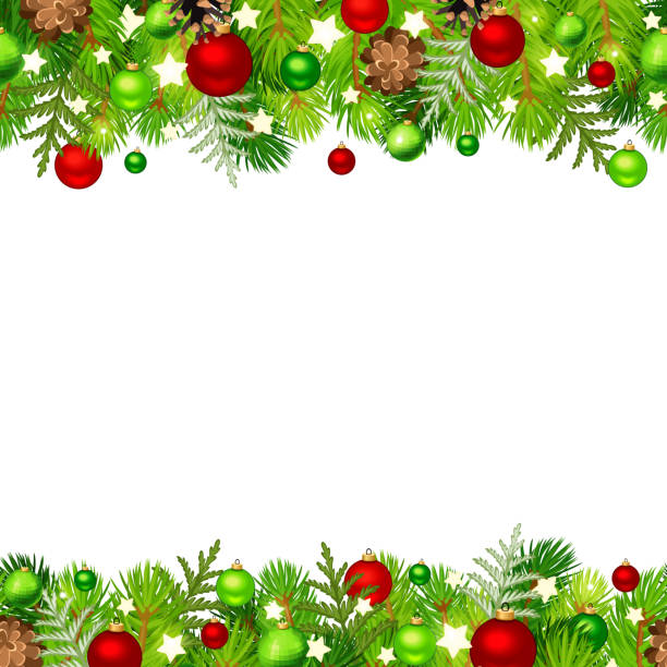Christmas horizontal seamless background with fir branches, red and green balls, cones and stars. Vector illustration. Vector Christmas horizontal seamless background with fir branches, red and green balls, cones and stars. frame border backgrounds stock illustrations