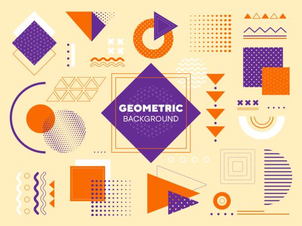 Modern geometric background Set of design elements for a geometric background using squares, rectangles, triangles, circles, arcs, waves and dots in assorted combinations, vector illustration digital enhancement stock illustrations
