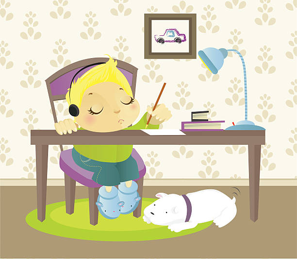 ilustrações, clipart, desenhos animados e ícones de menino writting e ouvir música - dog school audio