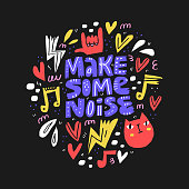 istock Make some noise hand drawn vector lettering. Scandinavian style music notes, heart and cat cartoon drawings on black background. Music festival, rock concert, musical poster design 1185317373