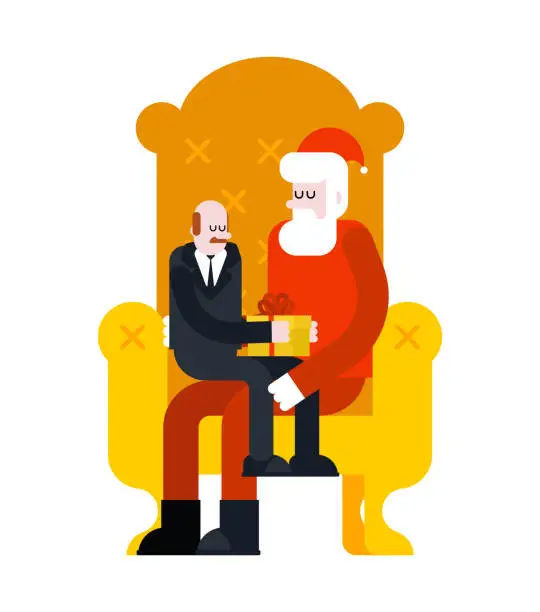 Vector illustration of Santa Claus and businessman. Sanat on armchair. Christmas and New Year vector illustration