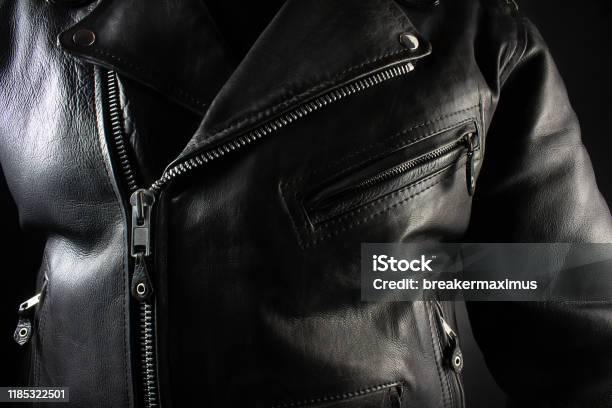 Close Up Photo Of A Black Leather Jacket Stock Photo - Download Image Now - Leather, Jacket, Pocket