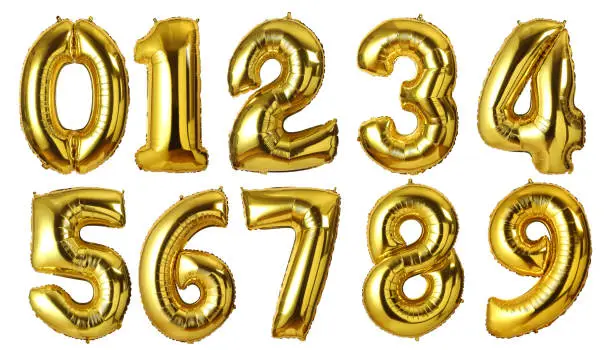 gold foil numbers balloons isolated on white background.with clipping path