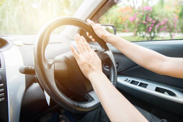 istock Driver hands using car horn for warning someone of danger. 1185329765