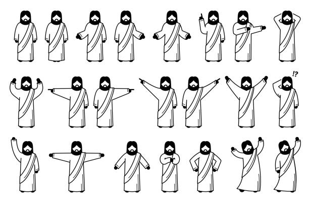 Jesus Christ basic standing postures, poses, and actions. Stick figure pictogram of Jesus Christ with different gestures, emotions, and expressions, and feelings. jesus christ icon stock illustrations