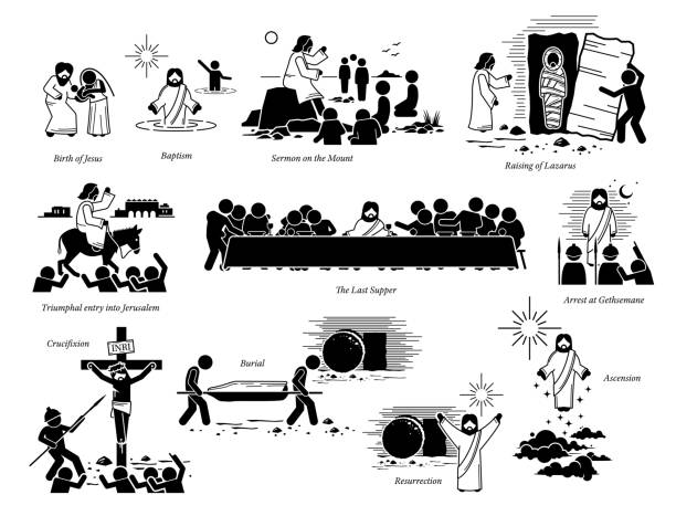 Life of Jesus Christ and important key events. Artwork of birth of Jesus, baptism, sermon on the mount, raising Lazarus, entry to Jerusalem, the last supper, crucifixion, resurrection, and ascension. jesus christ illustrations stock illustrations