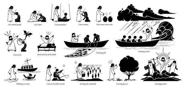 Miracles of Jesus Christ icons pictogram. Stick figure of Jesus Christ curing blind, woman, turning water to wine, exorcism, resurrection, catch fish, walking on water, feeding, and transfiguration. jesus christ icon stock illustrations