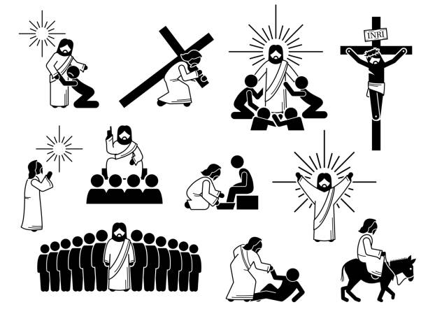 Jesus Christ stick figure, icons and pictogram. Illustrations of Jesus Christ with people, cross, crucifixion, praying, worship, sacrifice, teaching disciples, and love. jesus christ icon stock illustrations