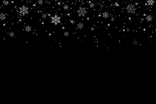 Snowflakes falling for christmas decoration abstract black background.