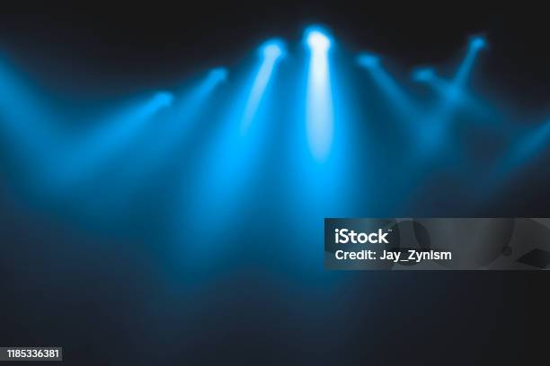 Blue Light Show On The Stage Lighting Devises Stock Photo - Download Image Now - Backgrounds, Lighting Equipment, Stage - Performance Space