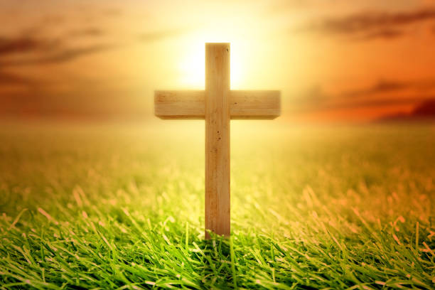 istock Christian cross on the green grass 1185337532