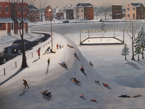 Vintage 1940s era scene of children tobogganing on a snowy night in an urban park.  Skating rink and skaters are visible in the background.
