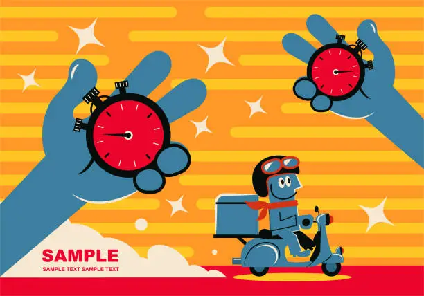 Vector illustration of Smiling blue man riding scooter with box fast food delivery service, stopwatch in hand