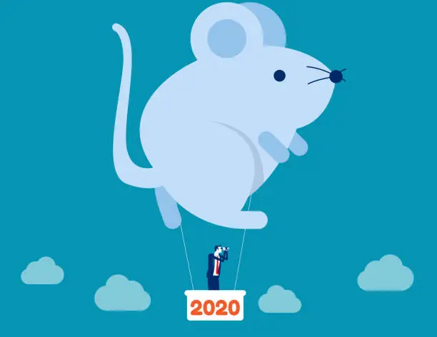 Vector illustration of Rat hot air balloon with business 2020. Concept business vector illustration