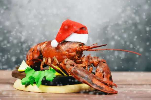 Fresh red lobster with christmas hat shellfish cooked in the seafood restaurant / Steamed lobster dinner food on wooden christmas table setting with snow celebrate in holiday winter festive