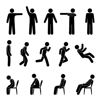 stick figure people in various poses, isolated human silhouettes, a man stands, sits, runs and falls