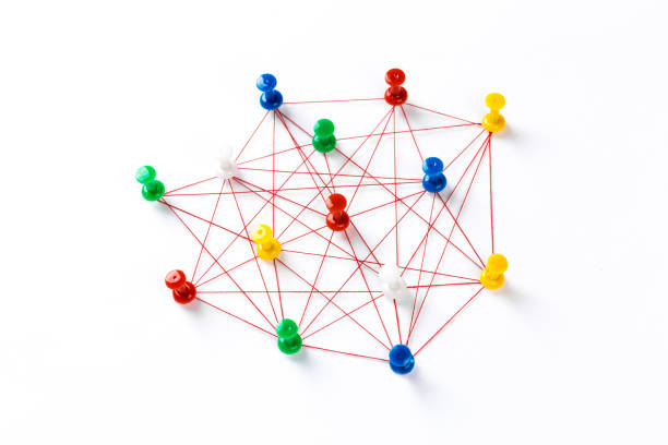 istock Network connection made from push pins and thread on blue background, close-up. 1185353212