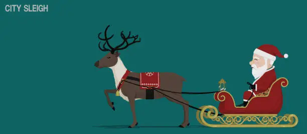 Vector illustration of Santa Claus is driving city sleigh.