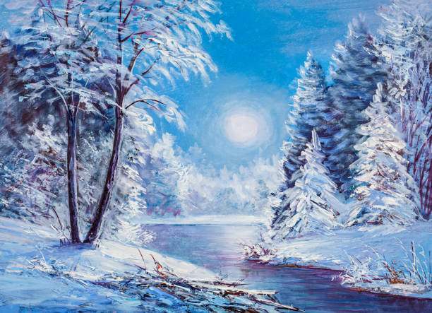 Christmas forest with river. Oil painting landscape. Winter landscape with the river. Original oil painting. Colorful forest christmas oil painting stock illustrations