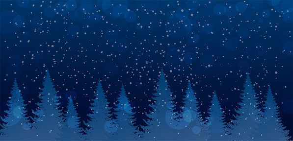 Christmas and New Year banner with place for text. Winter night forest with falling snow. Cute and magical dark blue forest with Christmas trees. Flat stock vector design.