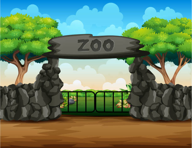 ilustrações de stock, clip art, desenhos animados e ícones de background scene of zoo park with big gate - zoo sign entrance the