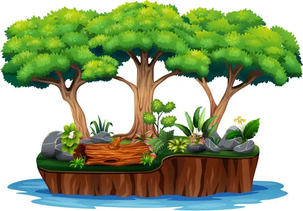 Vector illustration of A forest on floating island