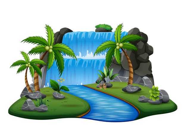 滝と川の背景を持つシーン - waterfall river tropical rainforest vector点のイラスト素材／クリップアート素材／マンガ素材／アイコン素材