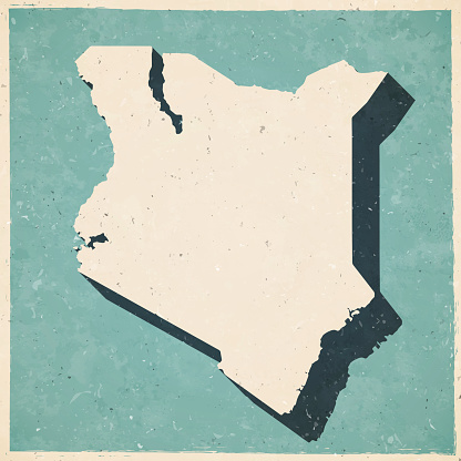 Map of Kenya in a trendy vintage style. Beautiful retro illustration with old textured paper and a black long shadow (colors used: blue, green, beige and black). Vector Illustration (EPS10, well layered and grouped). Easy to edit, manipulate, resize or colorize.