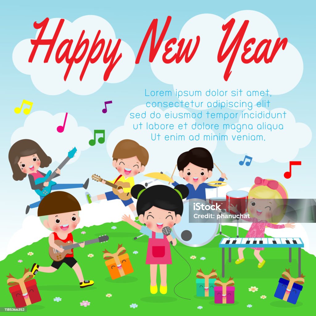 Happy New Year 2020 Greeting Card With Cute Children Play Musical ...