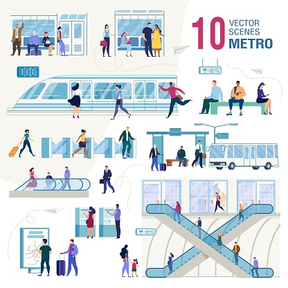 Metropolis Public Transport System Infrastructure, City Subway Trendy Flat Vectors Set. Metro Passengers, Tourists Characters with Baggage, Waiting Train on Subway Station Illustrations Collection