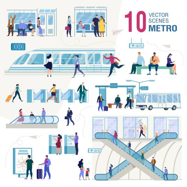 City Public Transport Flat Vector Concepts Set Metropolis Public Transport System Infrastructure, City Subway Trendy Flat Vectors Set. Metro Passengers, Tourists Characters with Baggage, Waiting Train on Subway Station Illustrations Collection train stations stock illustrations