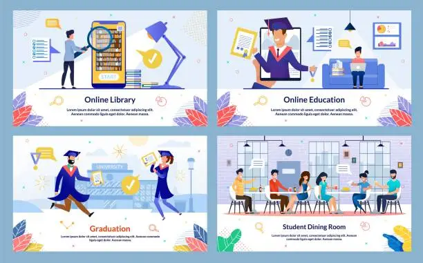 Vector illustration of Flat Online Library, Online Education, Cartoon.