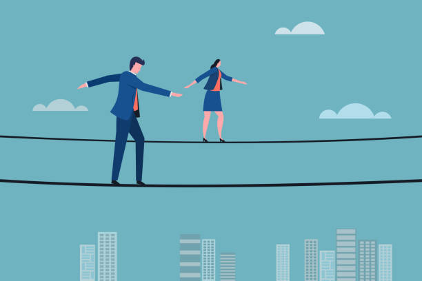 Business executives walking on a tight rope Business executives walking on a tight rope. Concept for moving ahead with risks and challenges tightrope stock illustrations