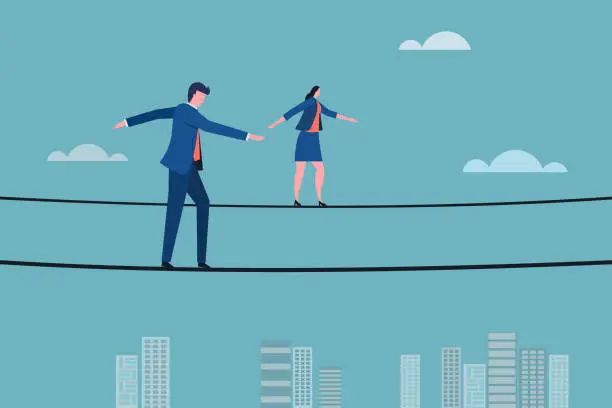 Vector illustration of Business executives walking on a tight rope