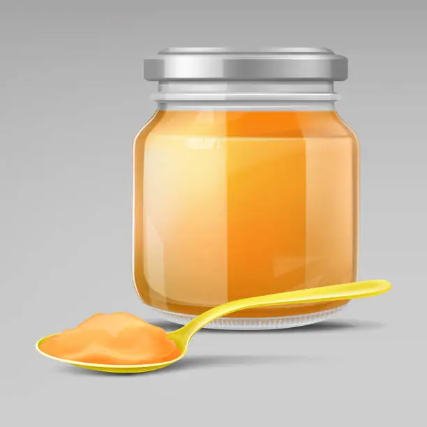 Vector illustration of glass baby food jar and plastic spoon with puree