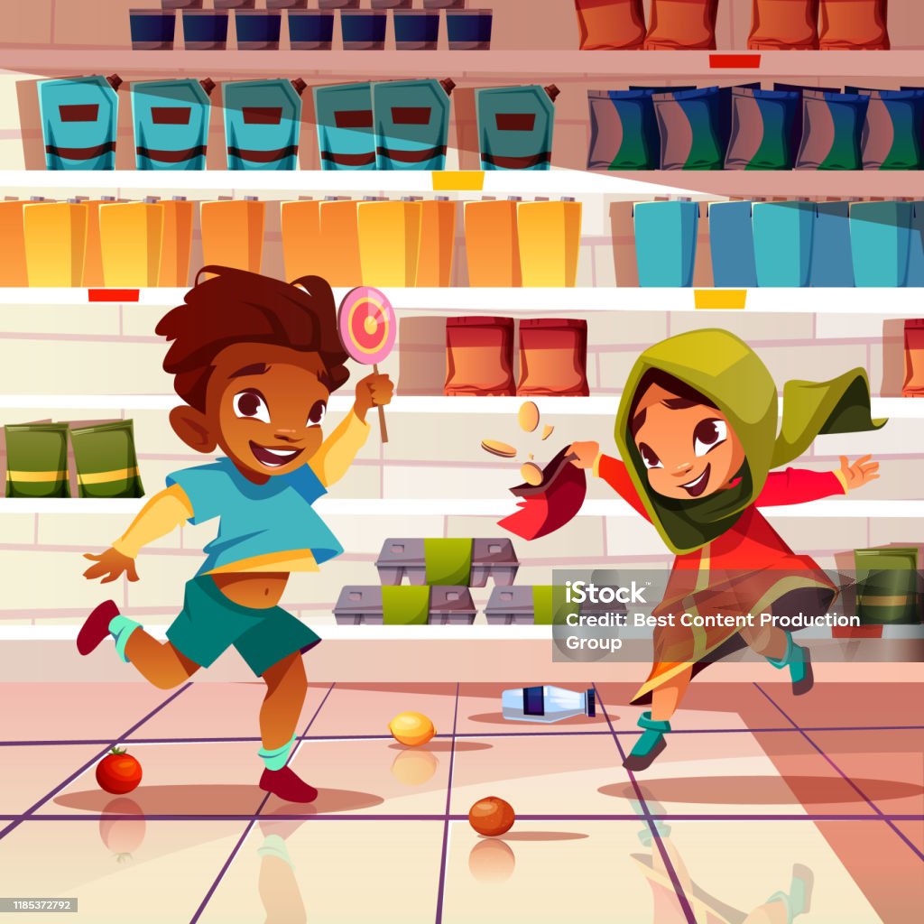 Indian Kids Playing In Supermarket Cartoon Vector Stock Illustration -  Download Image Now - Boys, Brother, Cartoon - iStock