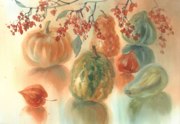 Autumn composition with color pumpkins watercolor. Halloween illustration Autumn composition with color pumpkins watercolor. Halloween illustration. Autumn harvest pumpkin patch watercolor stock illustrations