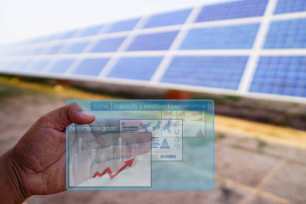 istock Solar panel, alternative electricity source, concept of sustainable resources, And this is a hologram board to check the power performance 1185373423