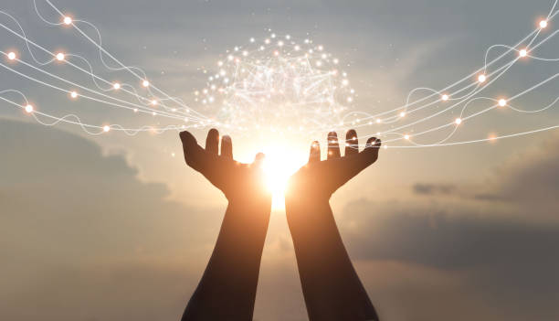 istock Abstract palm hands holding global network connections, innovative technology in science and communication concept. 1185375114