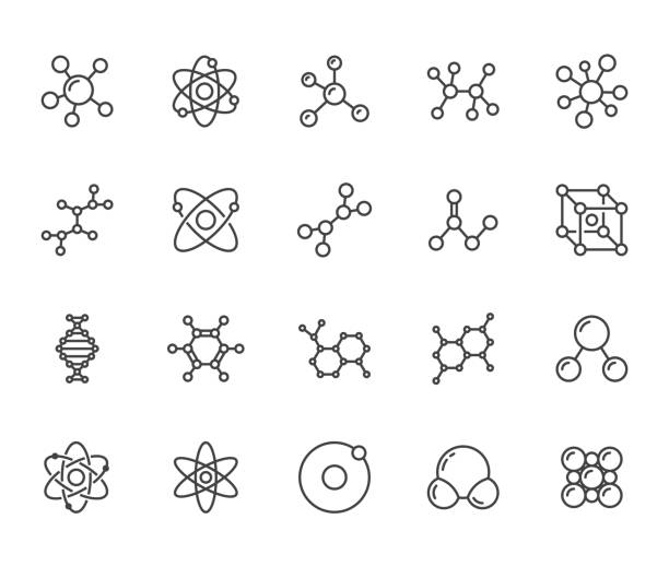 ilustraciones, imágenes clip art, dibujos animados e iconos de stock de conjunto de iconos de línea plana de moléculas. ciencia química, estructura molecular, ilustraciones vectoriales de proteínas de adn de laboratorio químico. esquema firma la investigación científica. píxel perfecto 64x64 trazo editable - science medicine organization built structure