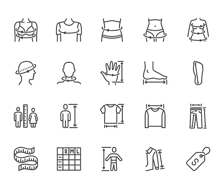Clothes size flat line icons set. Body measurement waist circumference, hip, chest, sleeve length, height vector illustrations. Outline signs clothing sizes table. Pixel perfect 64x64. Editable Stroke