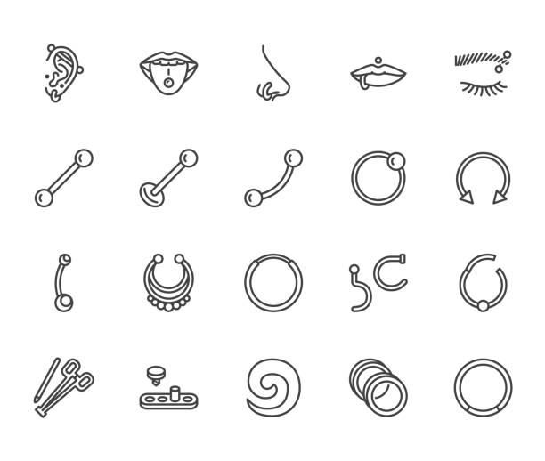 piercing flache linie symbole gesetzt. körperschmuck, nasenkorb, ohrring, zunge labret, tunnel, mikrodermal vektor-illustrationen. umrisszeichen f�ür piercings studio. pixel perfekt 64x64. bearbeitbare striche - piercing stock-grafiken, -clipart, -cartoons und -symbole