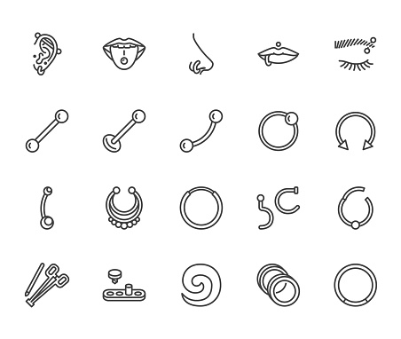 Piercing flat line icons set. Body jewelry, nose hoop, ear ring, tongue labret, tunnels, microdermal vector illustrations. Outline signs for piercings studio. Pixel perfect 64x64. Editable Strokes.