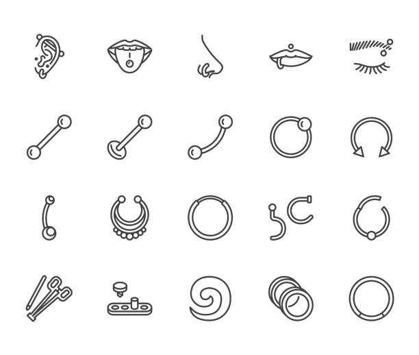 Piercing flat line icons set. Body jewelry, nose hoop, ear ring, tongue labret, tunnels, microdermal vector illustrations. Outline signs for piercings studio. Pixel perfect 64x64. Editable Strokes Piercing flat line icons set. Body jewelry, nose hoop, ear ring, tongue labret, tunnels, microdermal vector illustrations. Outline signs for piercings studio. Pixel perfect 64x64. Editable Strokes. septum stock illustrations