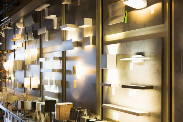 istock different lamp with lights in furniture store 1185377641