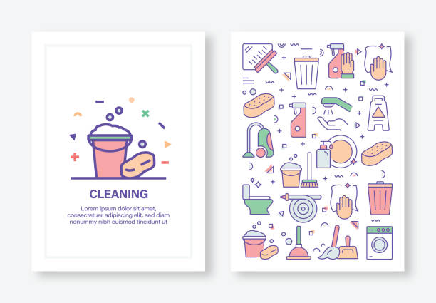 Cleaning Service Related Concept Line Style Cover Design for Annual Report, Flyer, Brochure. Cleaning Service Related Concept Line Style Cover Design for Annual Report, Flyer, Brochure. bucket and sponge stock illustrations